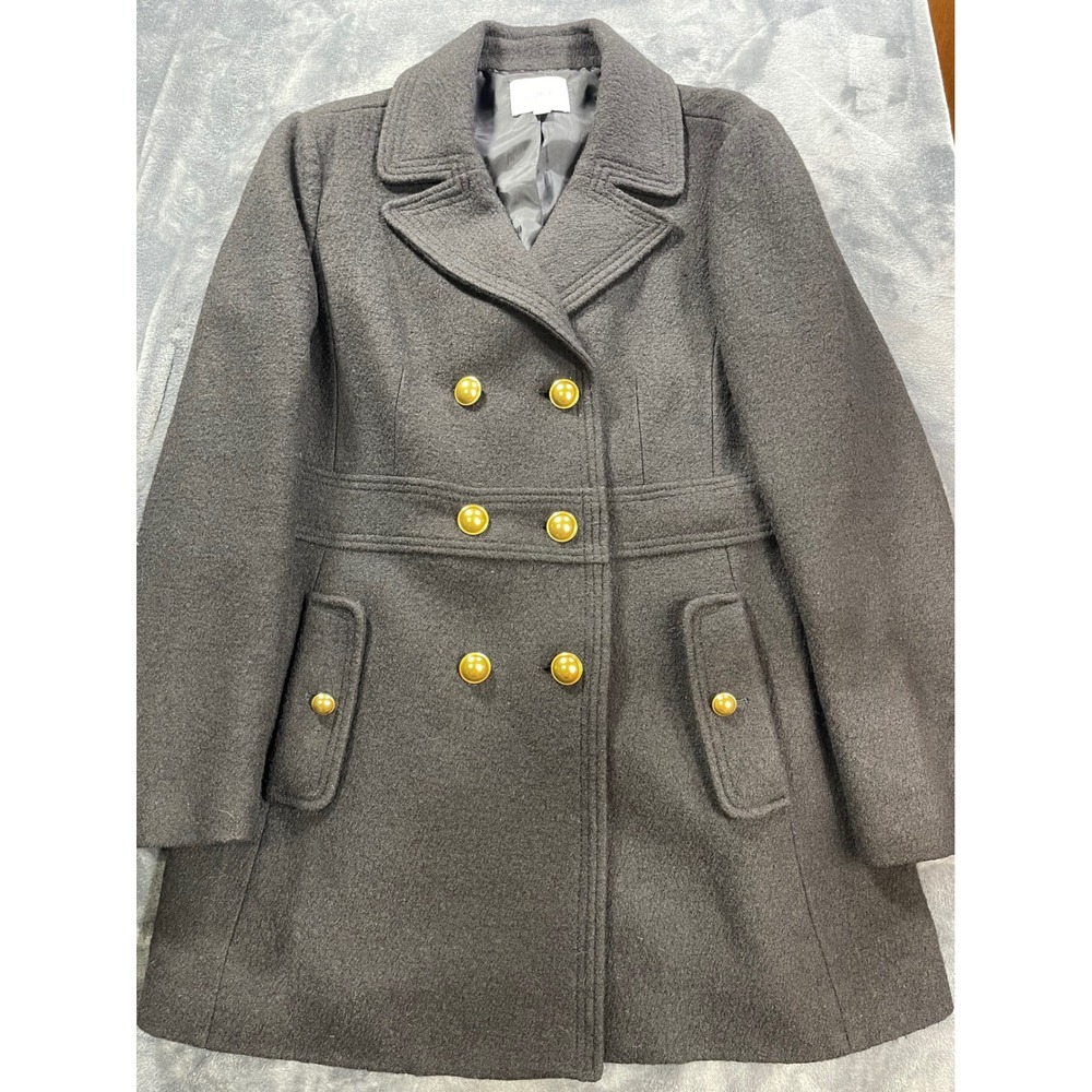 LOFT Black Wool Blend Double Breasted Military Pea Coat Brass Buttons Size 14